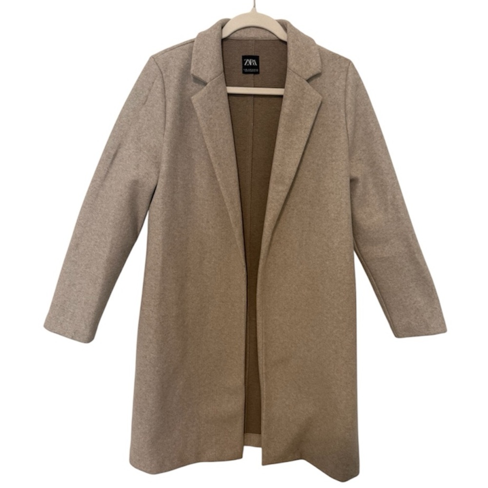 Zara Taupe Open-Front Wool Blend Coat